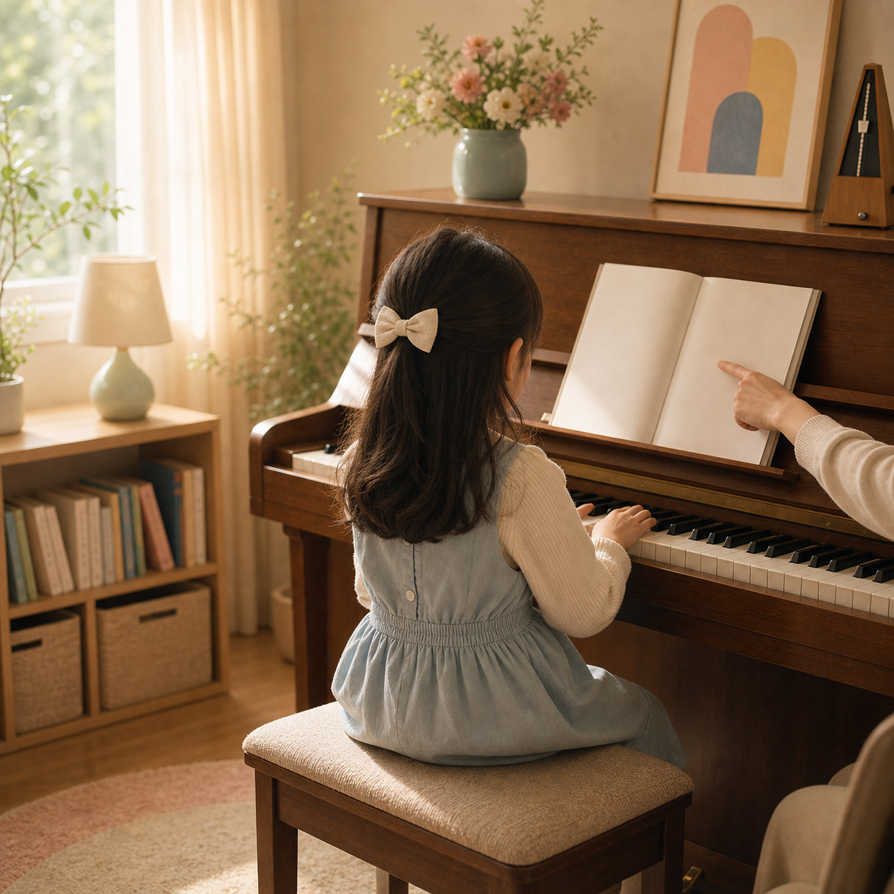 後ろ姿の子どもがピアノの前でレッスンを受けている様子